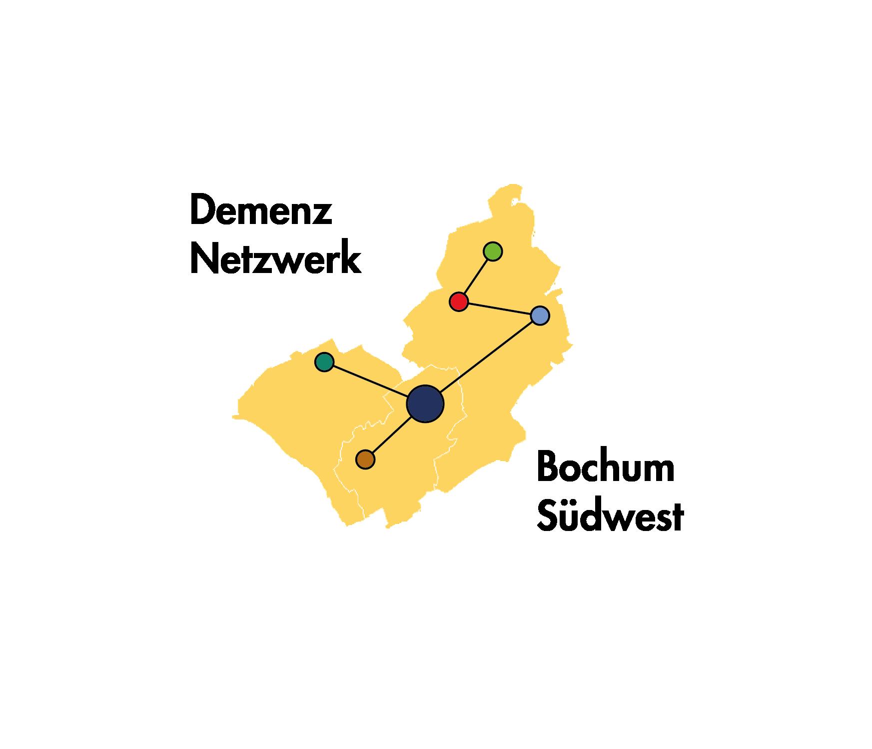 Logo des Demenz Netzwerk Bochum Südwest: Schmea des Stadtbezirkes sowie bunte Punkte, die mit Linien verknüpft sind und das Netzwerk darstellen.