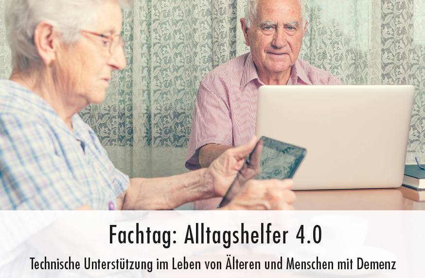 Das Bild zeigt einen älteren Herrn an einem Laptop und eine ältere Dame mit Tablet. Beide sitzen vor einer Gardine am Tisch.