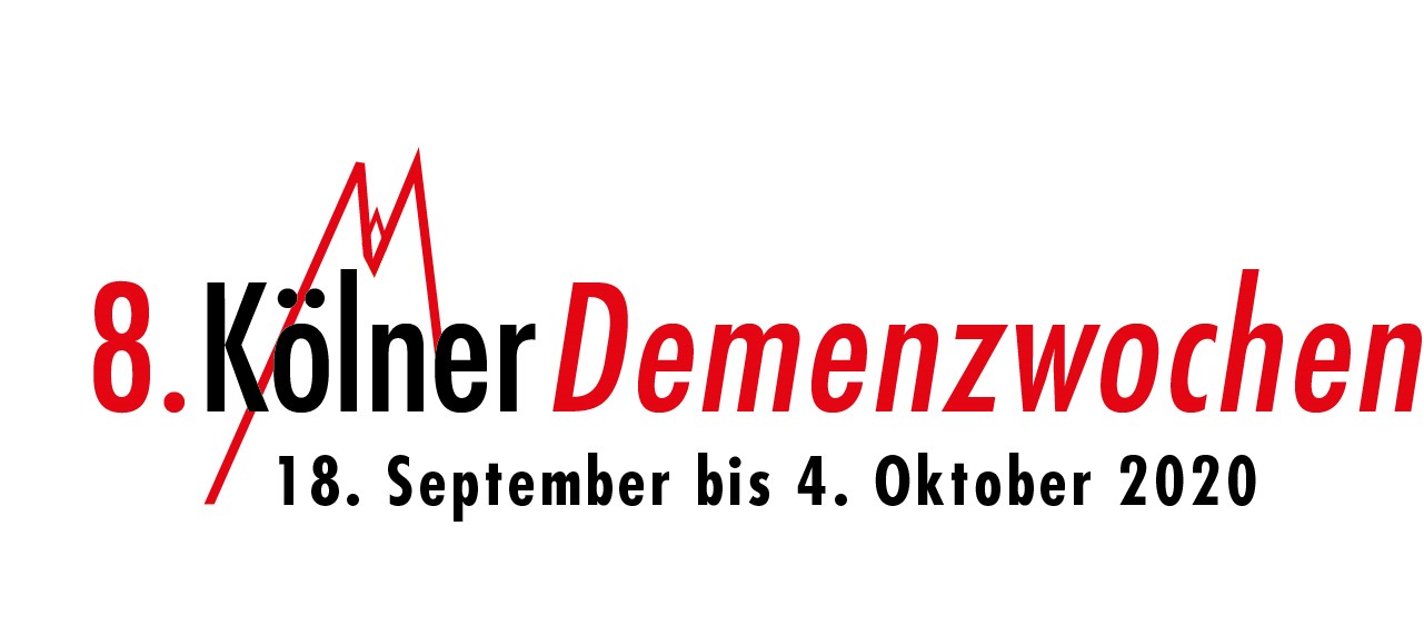 Logo der 8 Kölner Demenzwochen in rot und schwarz. Zwei Zacken als Symbol für den Kölner Dom im Hintergrund. Schriftzug mit Datum.