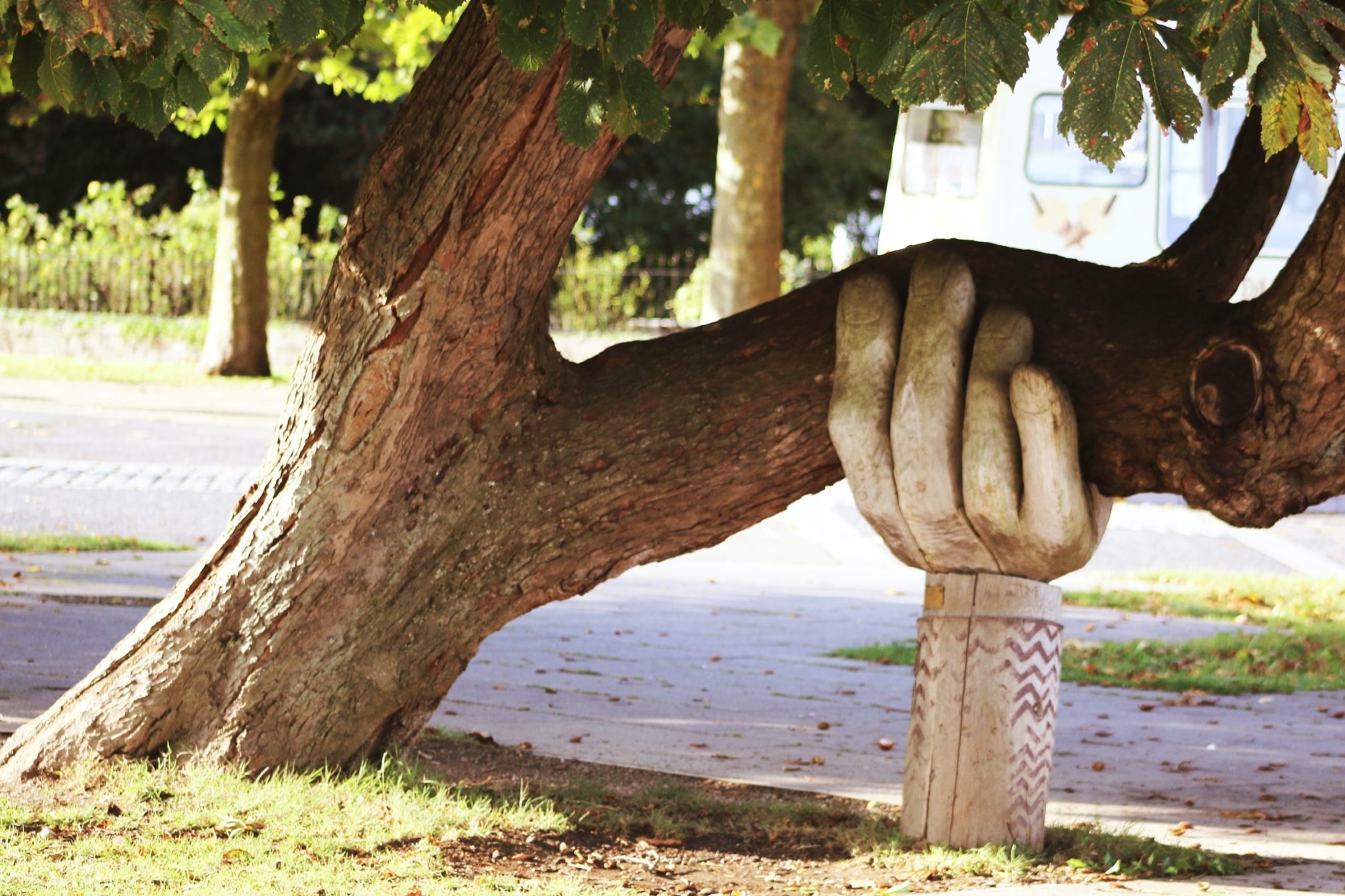 Eine Hand als Statue stütze einen Baum.