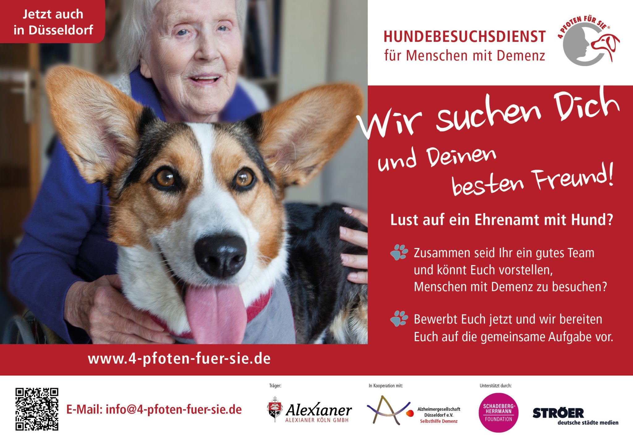 Bild von Hund und älterer Dame. Box mit Text dass Ehrenamtliche gesucht werden. Logos.