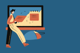 Man sieht eine Grafik einer Person mit einem Clipboard vor einem Computer