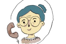 Man sieht die Illustration einer älteren Frau mit Brille und Dutt an einem Telefon