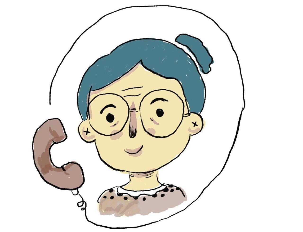Man sieht die Illustration einer älteren Frau mit Brille und Dutt an einem Telefon