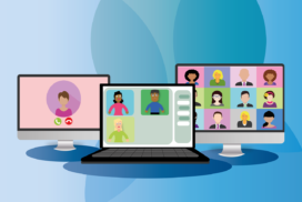 Man sieht eine Grafik mit drei Computerbildschirmen, auf denen Menschen in einer Videokonferenz sind