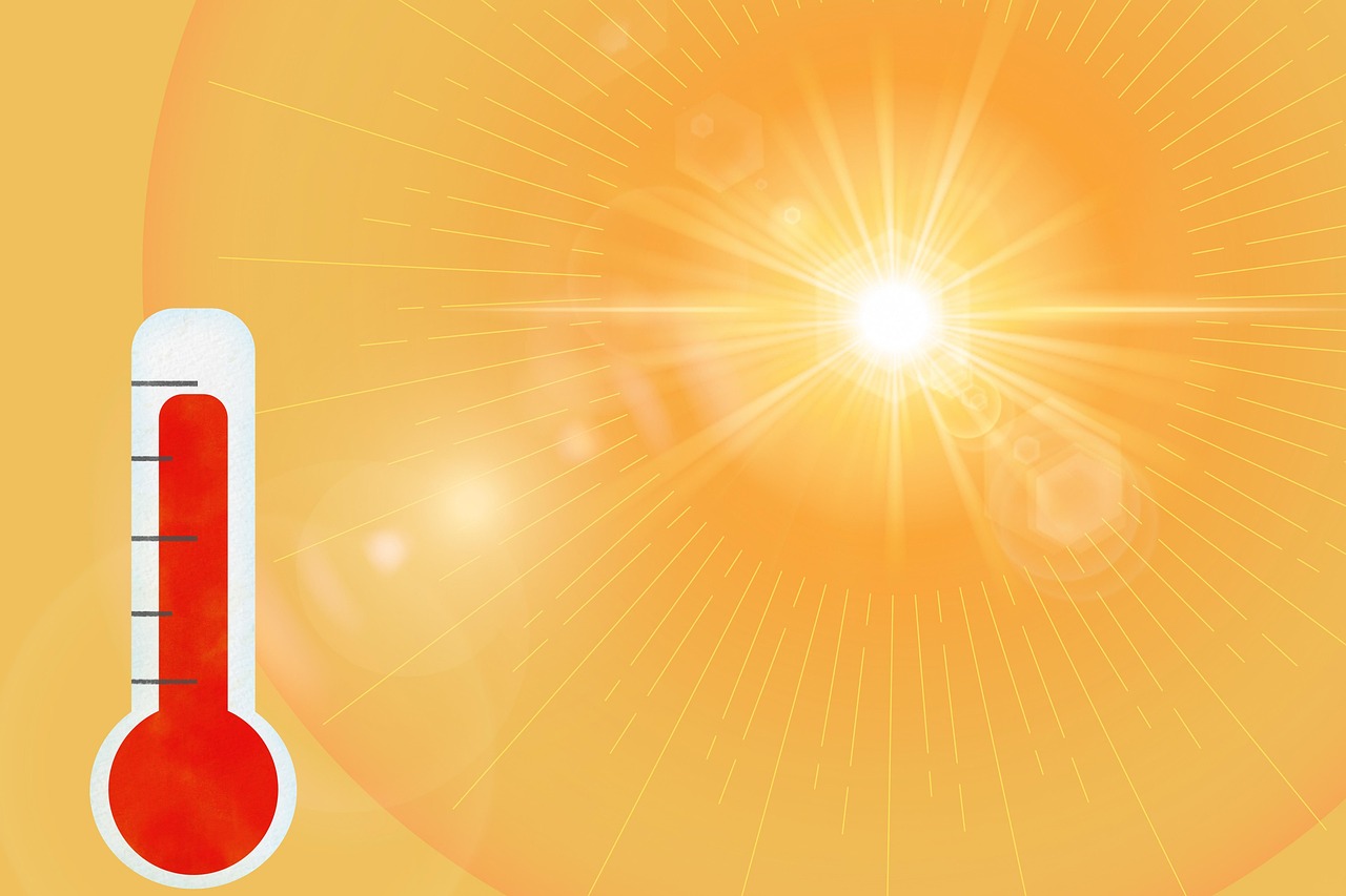 man sieht eine Sonne in der rechten Ecke und ein Thermostat mit hoher Temperatur links