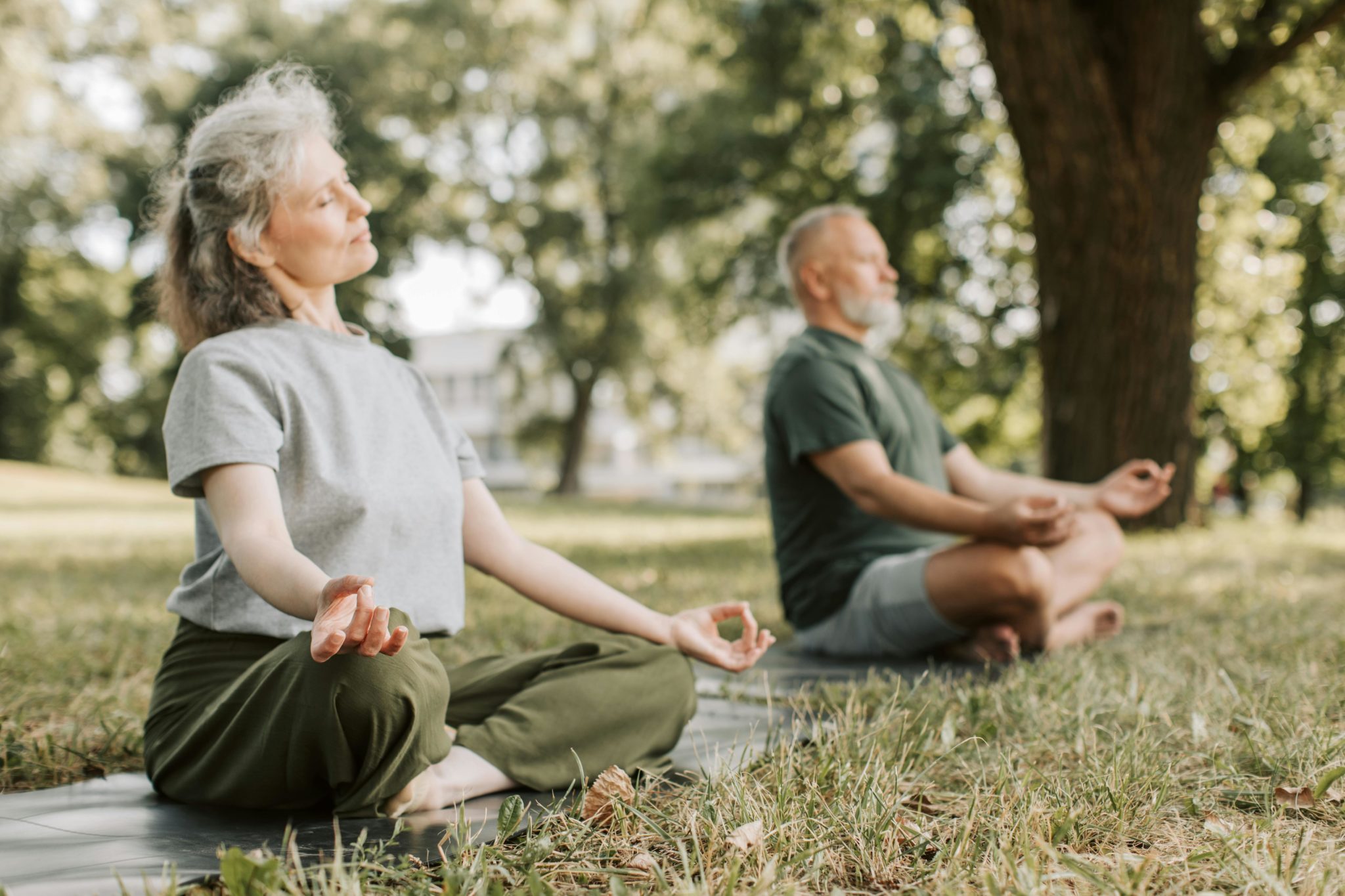 zwei ältere Menschen machen Yoga im Park