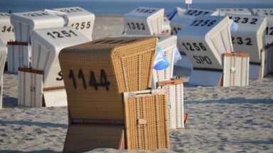 Mehrere Strandkörbe stehen an einem Strand.