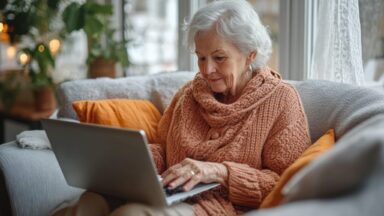 Ältere Frau auf der Couch nutzt Laptop