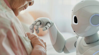 Pflegeroboter berührt mit seinen Fingern alte Frau.