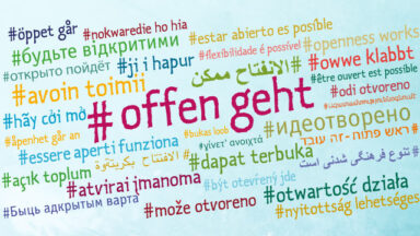 Symbolbild der Interkulturellen Woche: In einer Wortwolke ist #OffenGeht in vielen verschiedenen Sprachen abgebildet