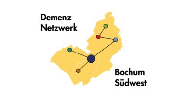 Logo des Demenz Netzwerk Bochum Südwest: Schmea des Stadtbezirkes sowie bunte Punkte