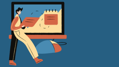 Man sieht eine Grafik einer Person mit einem Clipboard vor einem Computer