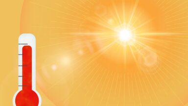 man sieht eine Sonne in der rechten Ecke und ein Thermostat mit hoher Temperatur links