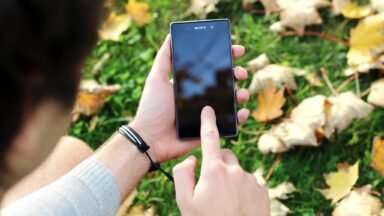 Frau schaut auf das Handy in der Natur.