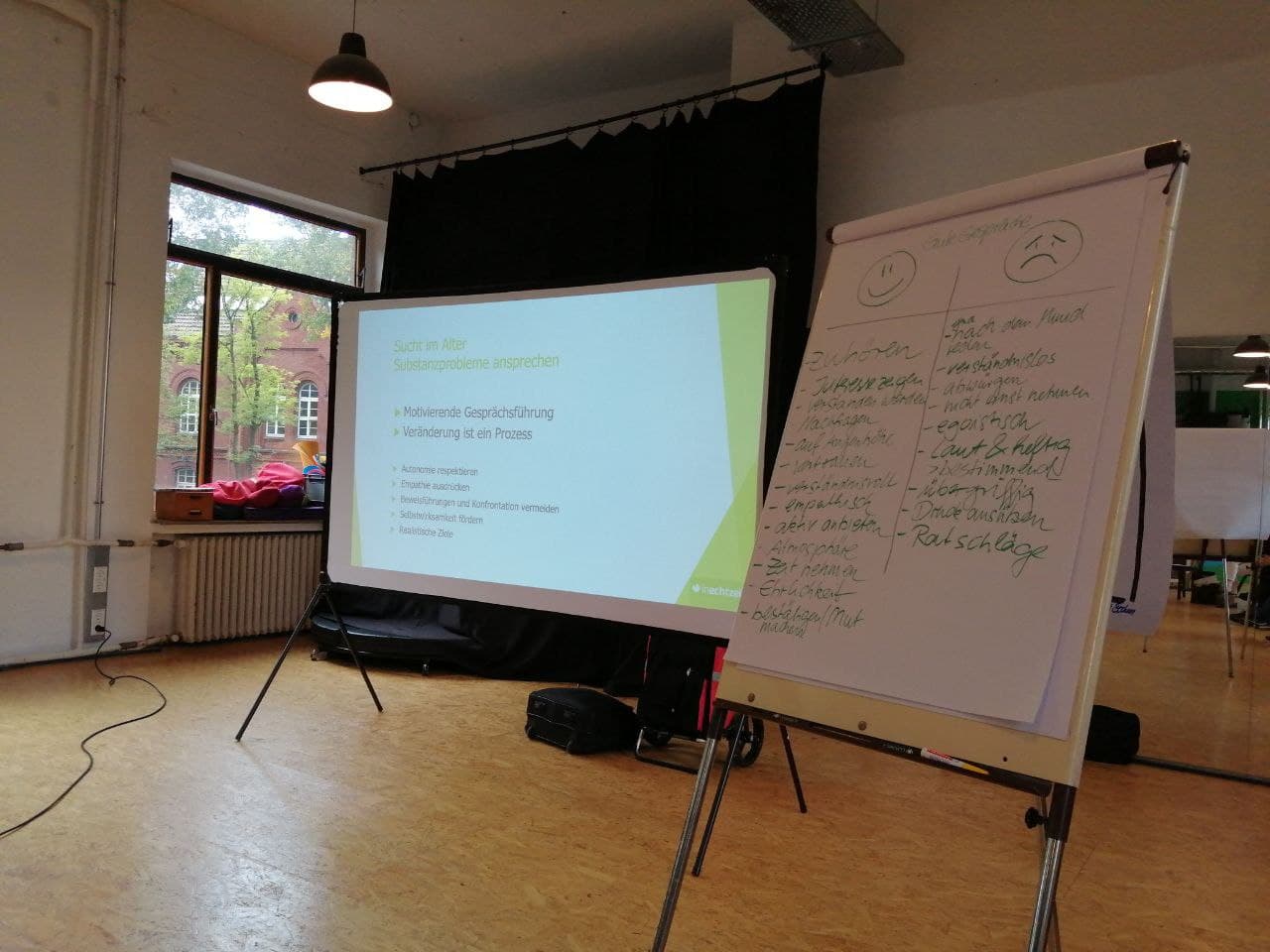 Leinwand und Flipchart zum Thema "Substanzprobleme ansprechen"