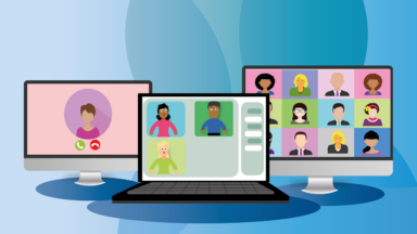 Man sieht eine Grafik mit drei Computerbildschirmen