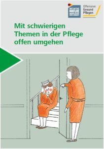 Titelbild der Broschüre. Eine Zeichnung auf der zwei Pflegekräfte zu sehen sind. Eine von beiden sitzt auf einer Treppe und ist rot vor Scham..